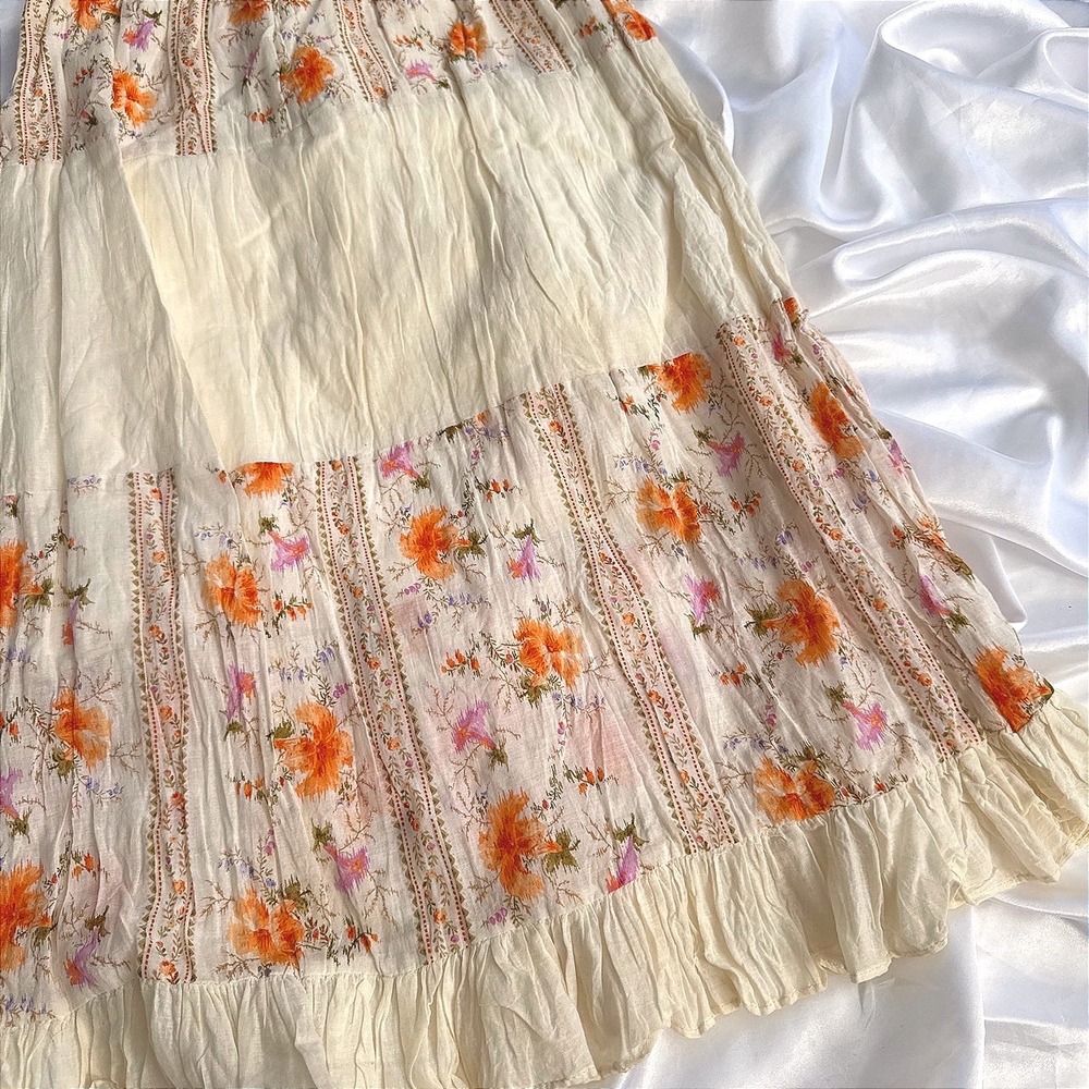 Espresso Floral Tiered Midi Skirt Orange Cream Cottagecore Ruffle Hem